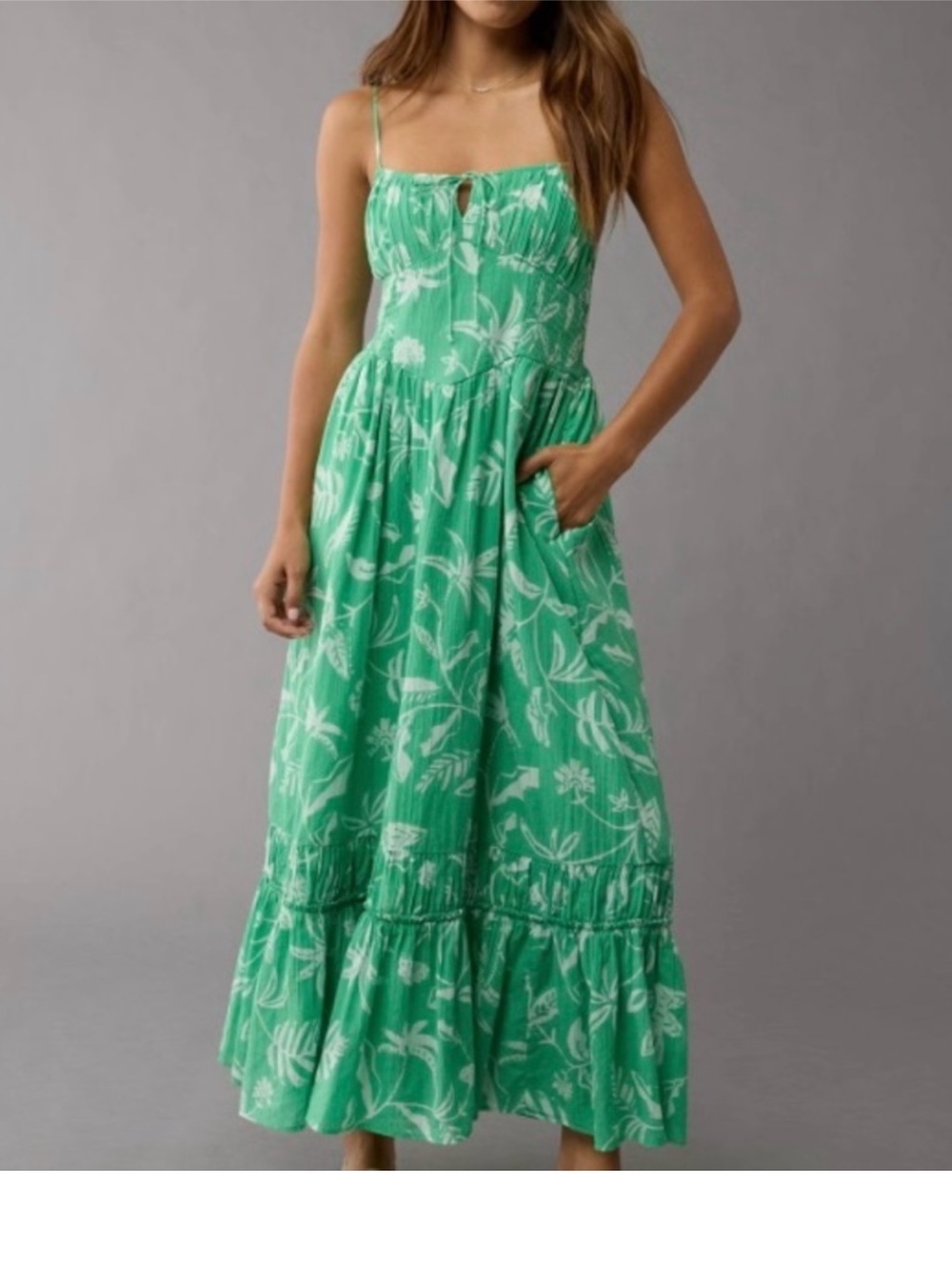 AE Green Tropical Midi Dress Flowy Tiered Beach Vacation Summer Large NWT